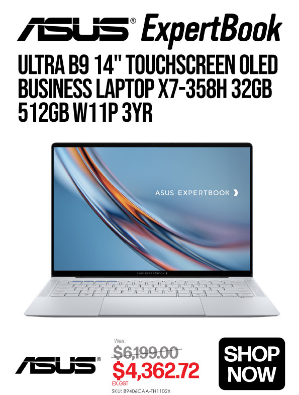 Shop Now ASUS ExpertBook Ultra B9 14" Touch OLED Business Laptop X7-358H 32GB 512GB Windows 11 Pro 3 Year Warranty - Was $6199, Now $4,362.72 Ex GST