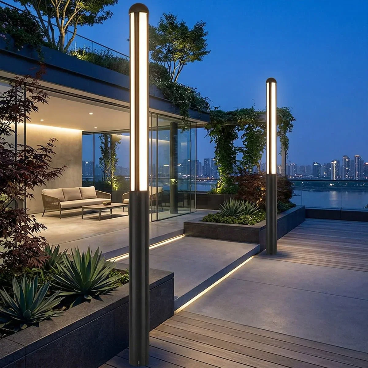 Image of Modern Black Cylinder Waterproof LED Outdoor Path Post Light Street Lighting