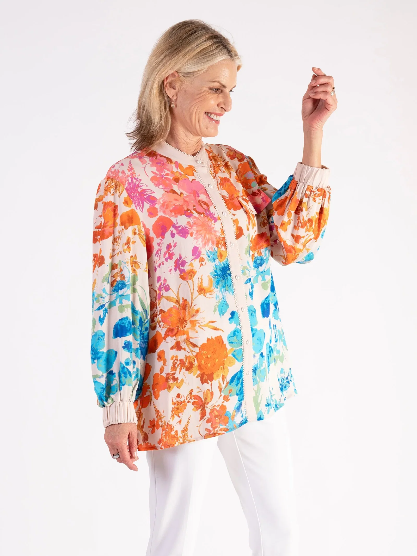 Image of Pink & Orange Botanical Print Puff-Sleeved Blouse with Picot Lace Trim