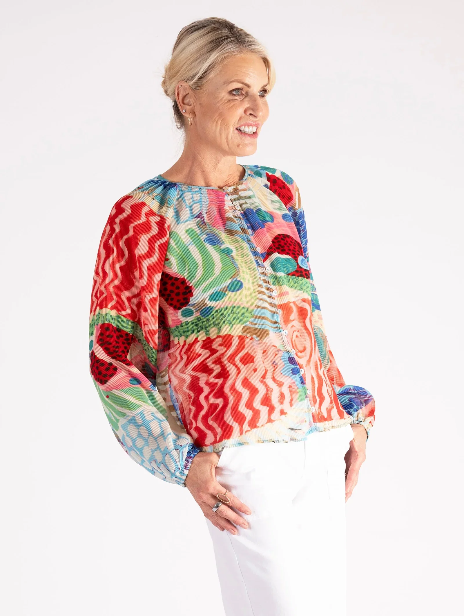 Image of Orange/Multi Abstract Safari Print Plissé Chiffon Blouse