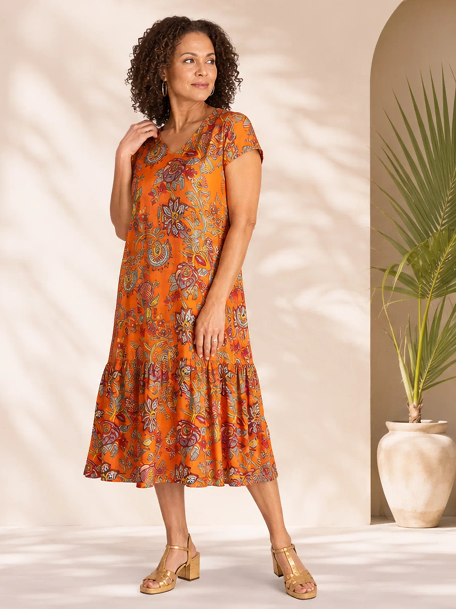 Image of Burnt Orange/Multi Exotic Paisley Print Crinkle Cotton Midi Dress