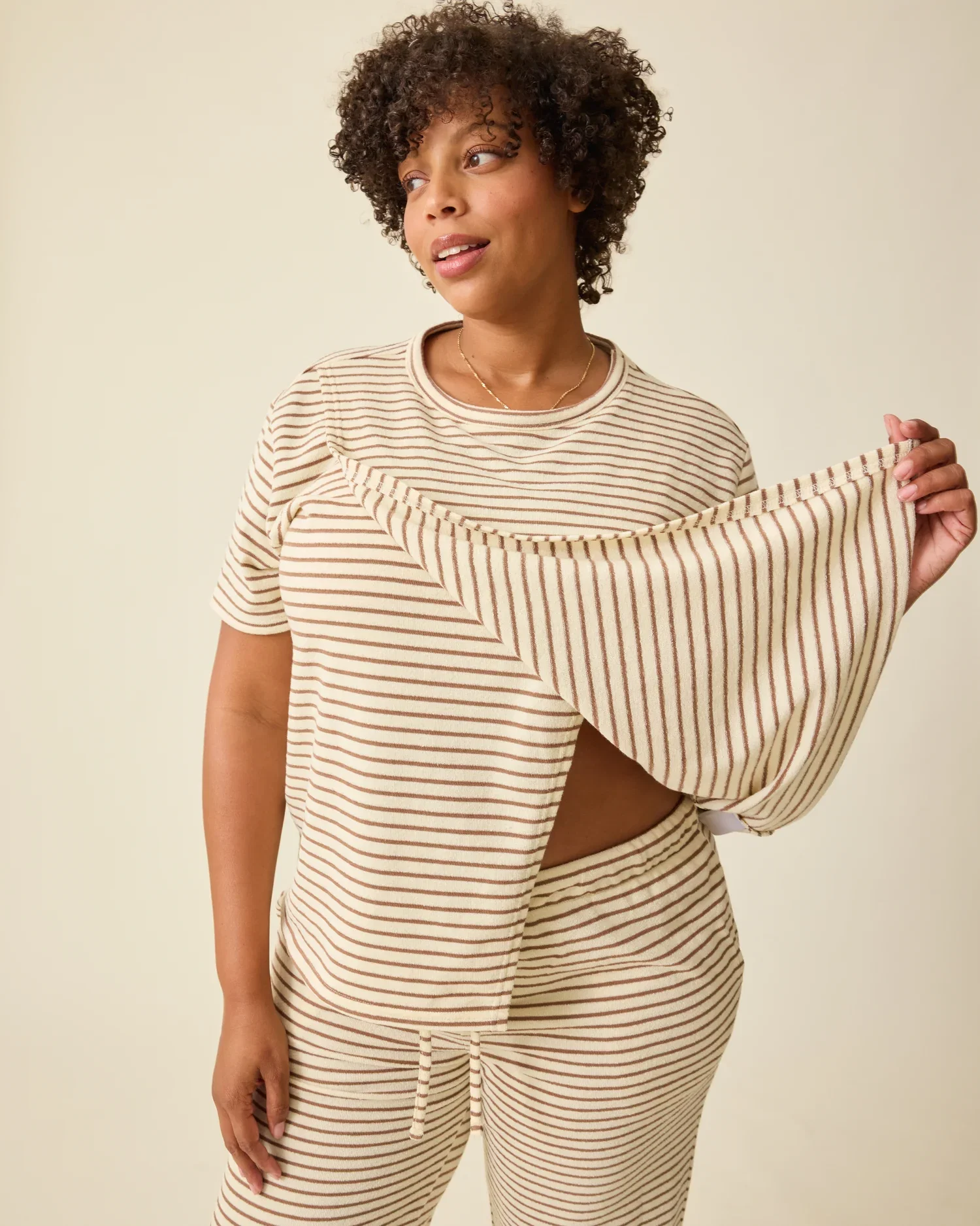 Image of Luxe Terry Maternity & Nursing Split Hem T-shirt | Ivory & Chocolate Stripe
