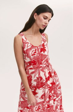 Marta Red Flower Crepe Linen Blend Sleeveless Midi Dress