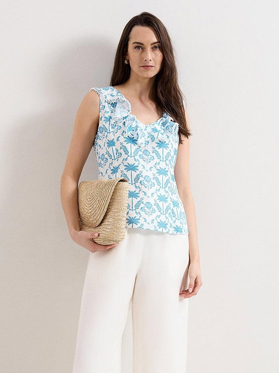 Rhona Blue Print Ruffle Linen Blouse