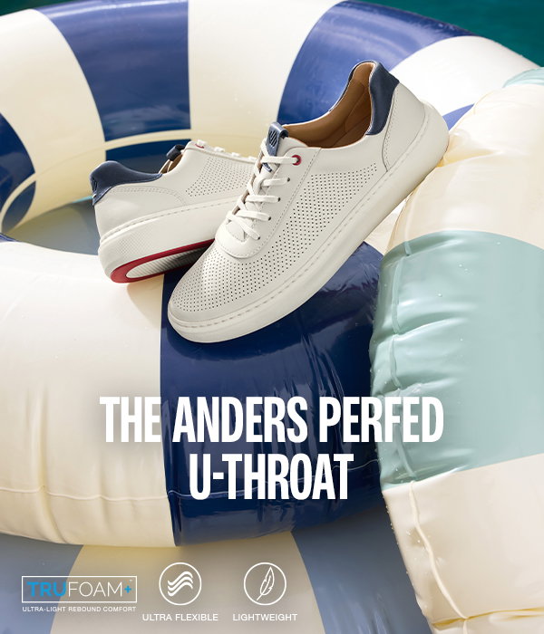 The Anders Perfed U-Throat white leather sneaker displayed on a pool float. Features include TRUFOAM+ comfort, ultra flexibility, and lightweight construction.