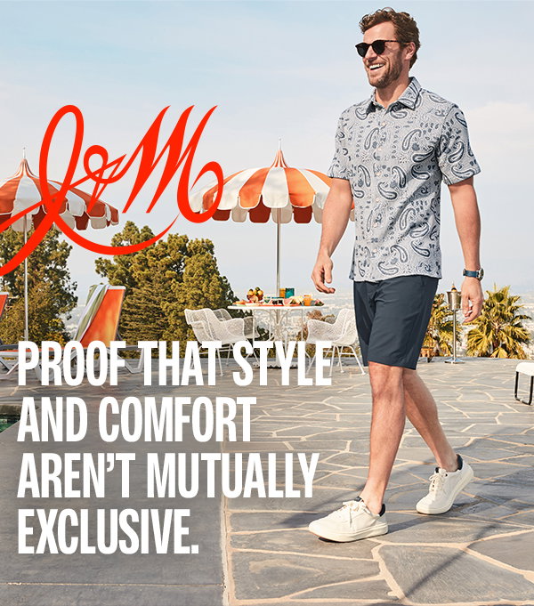 A man walks poolside wearing a paisley short-sleeve shirt, navy shorts, and white sneakers. Text reads: 