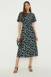 Spot Shirred Waist Short Sleeve Midi Dress