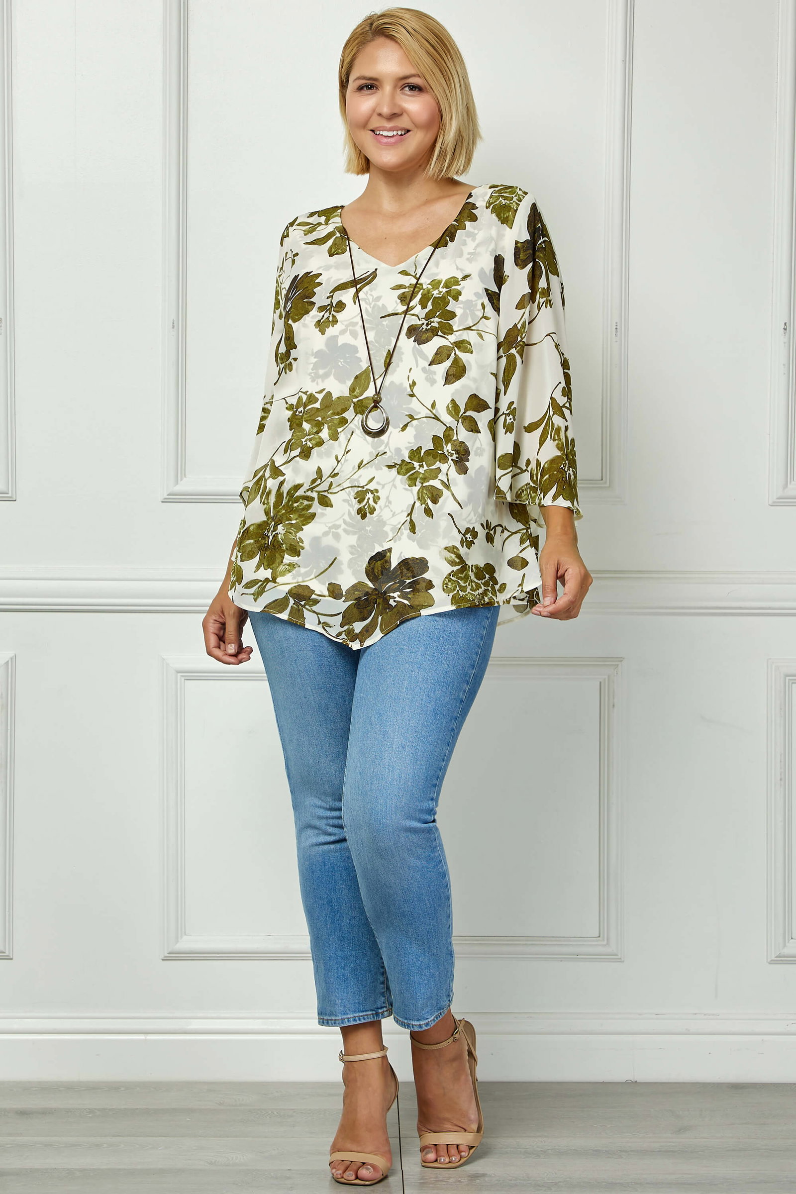 Image of Hanky Sleeve V-Neck Poncho with Necklace in Ivory/Olive/Black - Plus