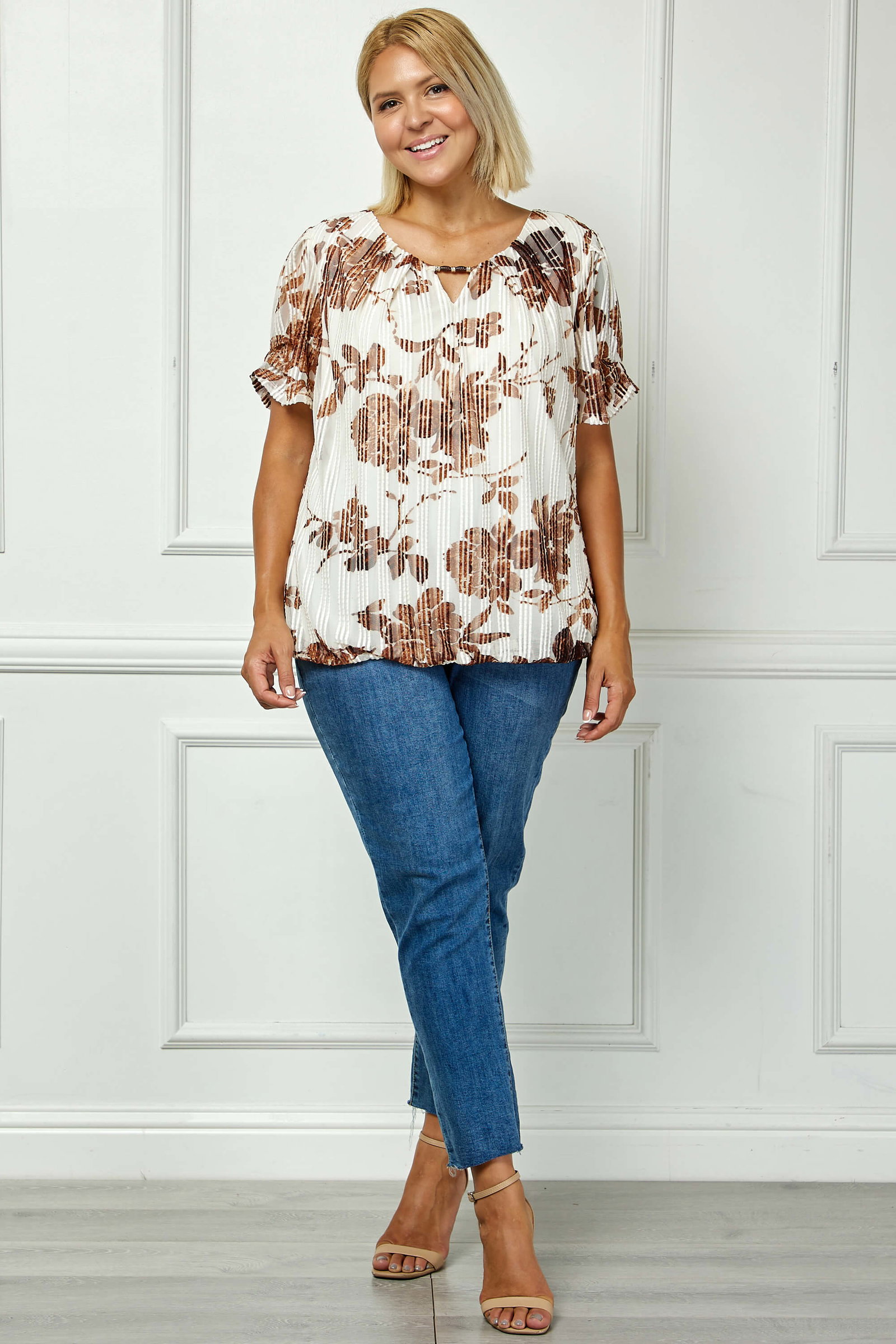 Image of Ruched Sleeve Cutout Neck Bubble Blouse in Ivory/Brown/Tan - Plus