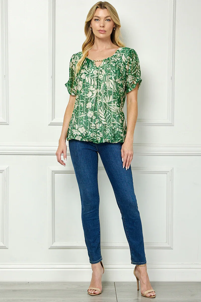 Image of Ruched Sleeve Cutout Neck Bubble Blouse in Olive/Tan/Cream