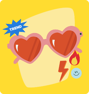 Illustration of a pair of heart shaped sunglasses and fire emoji, lightning emoji, and smiley face