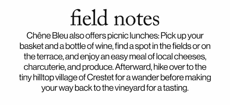 field notes -  Chene Bleu also offers picnic lunches: Pick up your basket and a bottle wine, find a spot in the fields or on the terrace, and enjoy an easy meal of local cheese, charcuterie, and produce....
