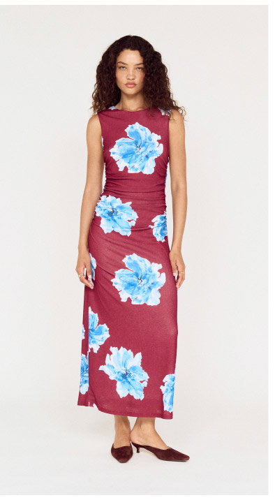 Blue Floral Print Sleeveless Mesh Midi Dress