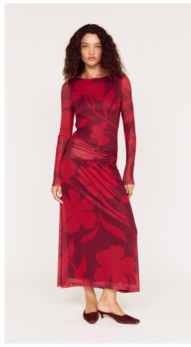 Oversized Floral Mesh Midi Dress with Gather Detail