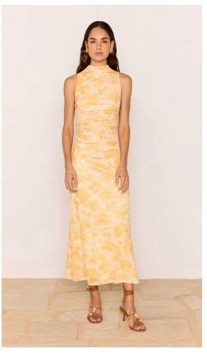 Yellow Floral Mesh Midi Dress