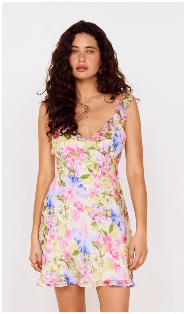 Watercolour Floral Mini Dress with Frill Trim