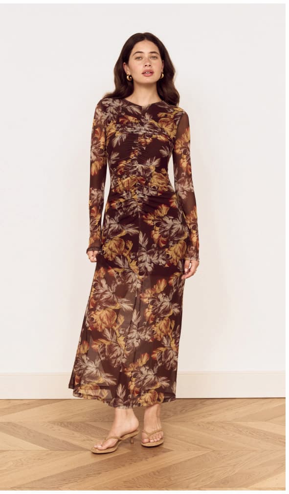 Brown Floral Gathered Mesh Midi Dress