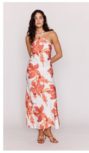 Peach Hibiscus Halter Midi Dress