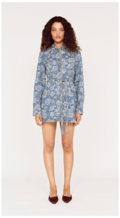 Button Through Floral Denim Dress with Tie Waist