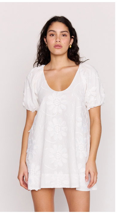 White Cotton Floral Applique Smock Mini Dress