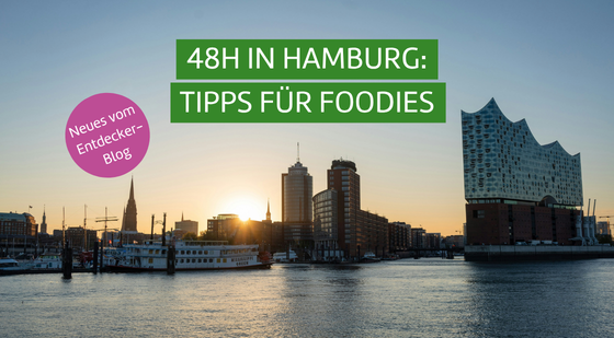 Blick auf den Hamburger Hafen. Text: 48 h in Hamburg: Tipps für Foodies