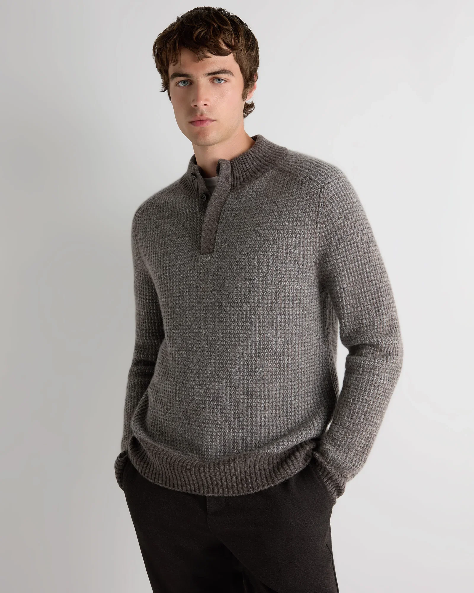 Image of Men's Waffle Knit Half Button Cashmere Jumper Biscotti Brown