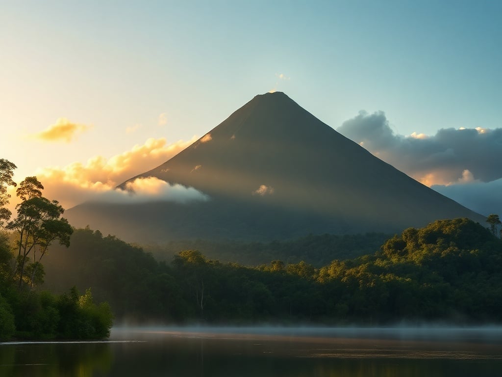 Volcán Arenal cónico sobre selva tropical y lago en Costa Rica