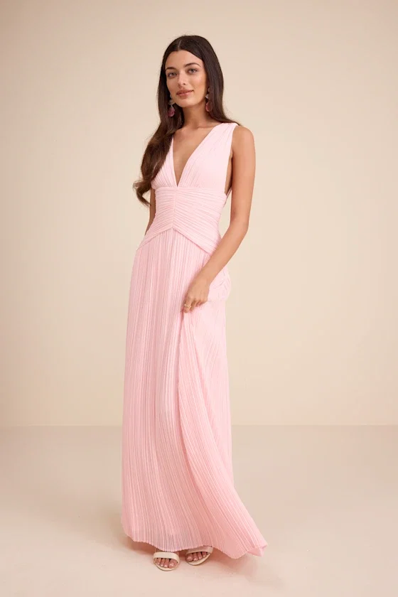 Image of Kelina Light Pink Pleated Drop Waist Maxi Dress