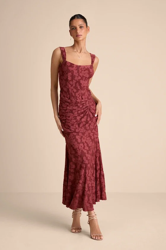 Image of Celeste Rust Red Floral Burnout Bustier Maxi Dress