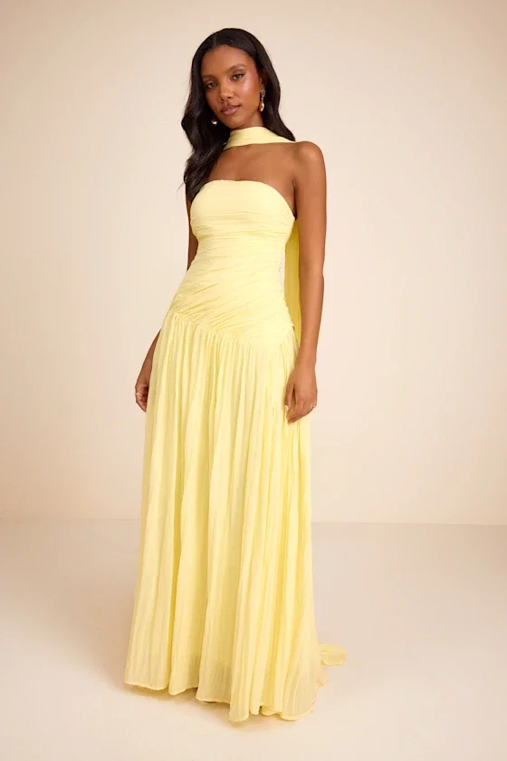 Image of Nellie Light Yellow Pleated Maxi Dress and Scarf Set