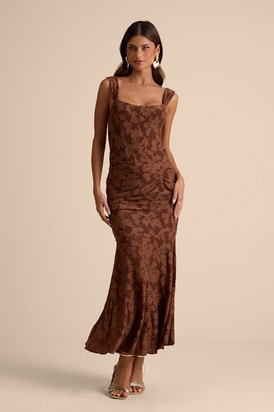 Image of Celeste Brown Floral Burnout Bustier Maxi Dress
