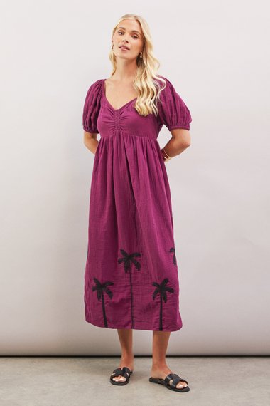 Petite Palm Embroidered Textured Midi Dress