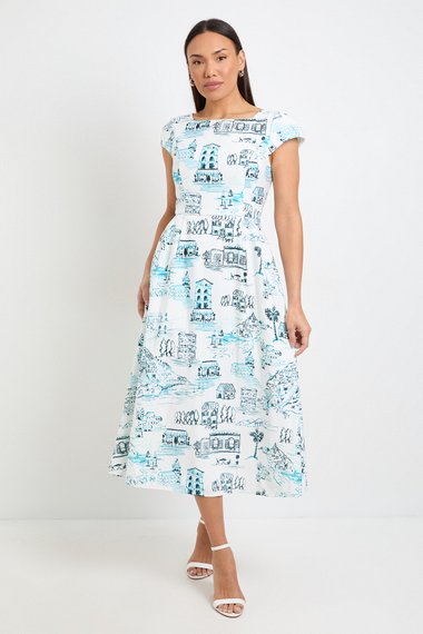 Printed Ottoman Twill Midi Dress