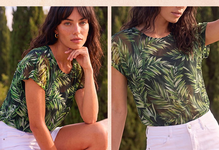 Palm Print Mesh Overlay Top