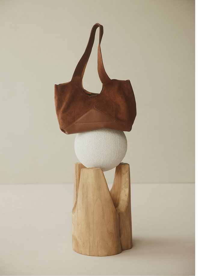 Faux Suede Spliced Tote Bag - Chestnut