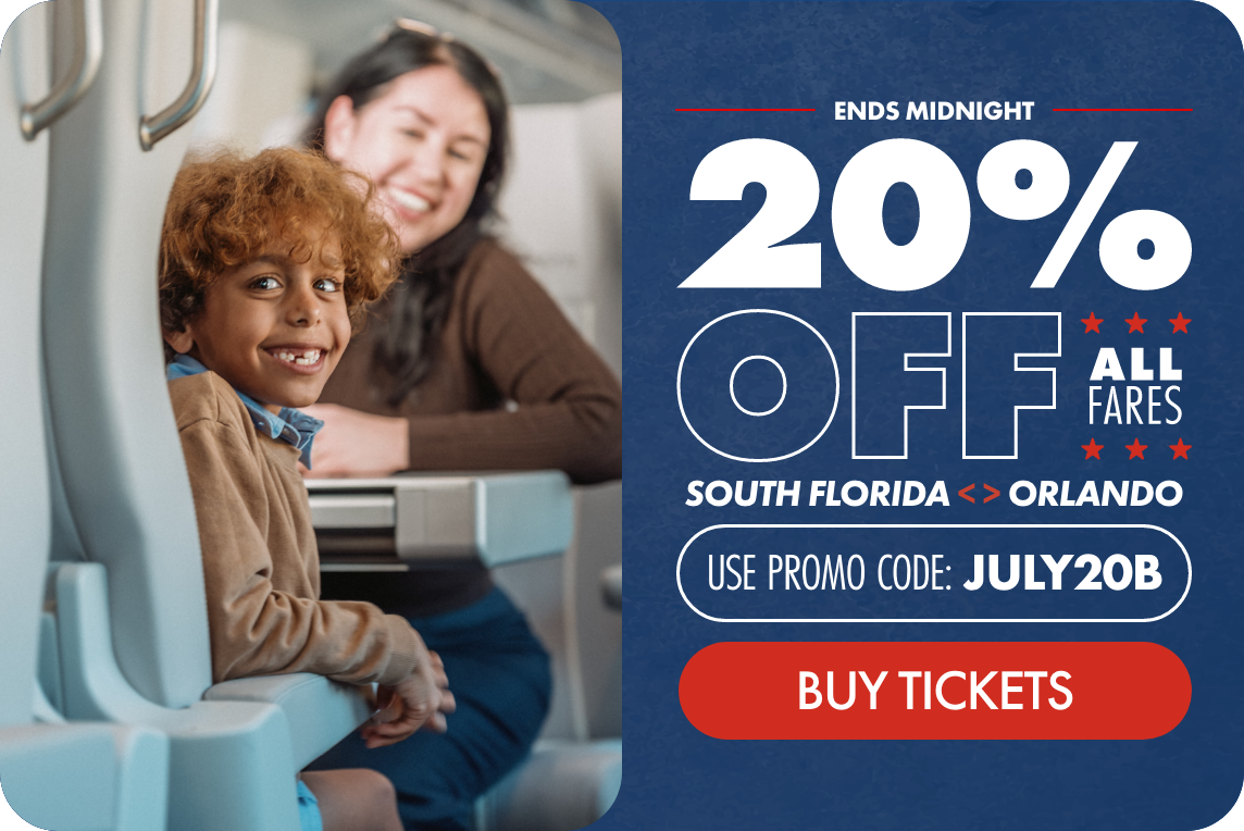 Promotional graphic advertising a 20% off discount on all fares between South Florida and Orlando. The left side shows a smiling child seated on public transport with an adult in the background, suggesting family travel. The right side features bold text with the offer details, including "ENDS MIDNIGHT," "20% OFF ALL FARES," and the route "SOUTH FLORIDA <> ORLANDO." A promo code "JULY20B" is highlighted above a red "BUY TICKETS" call-to-action button.