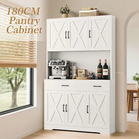 White Sideboard Buffet Pantry Cupboard Hutch Dresser Hall Kitchen Dining Room Coffee Table Side Storage Unit Drawer Shelves Cabinet Bar Shelving 180cm
