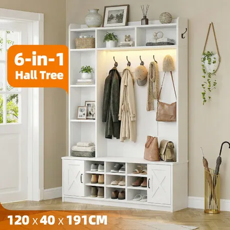 Coat Rack Shoe Cabinet Hall Tree Unit LED Lights Entryway Storage Bench Clothes Hat Hanger Shelves Cupboard Hallway Entrance Furniture 120x40x191cm