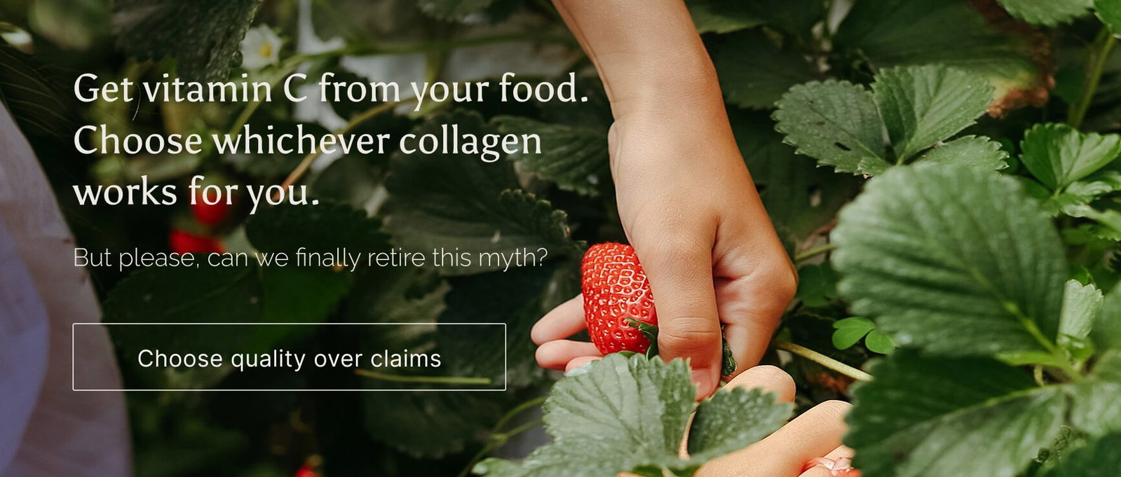 A hand picking a strawberry from a plant. Get vitamin C from your food. Choose whichever collagen works for you. But please, can we finally retire this myth? Choose quality over claims.