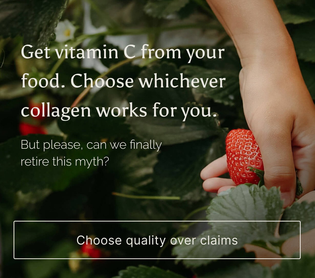 A hand picking a strawberry from a plant. Get vitamin C from your food. Choose whichever collagen works for you. But please, can we finally retire this myth? Choose quality over claims.