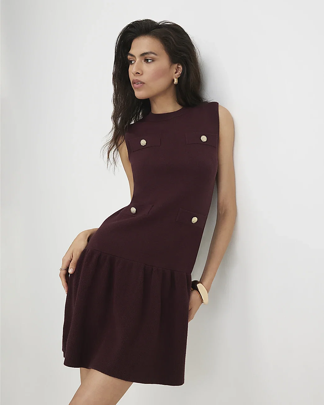 Womens Red Knit Pleat Hem Mini Dress