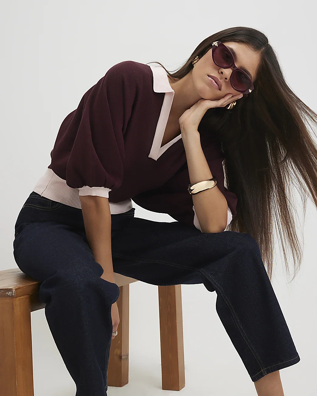 Womens Red Blocked Knitted Slouch Polo Top