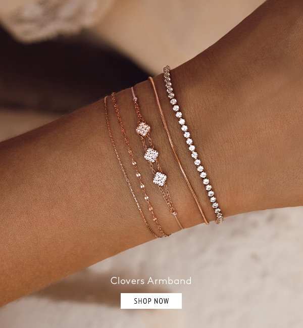 Clovers Armband - rosévergoldet, drei verschiebbare Clover Charms mit Topasen