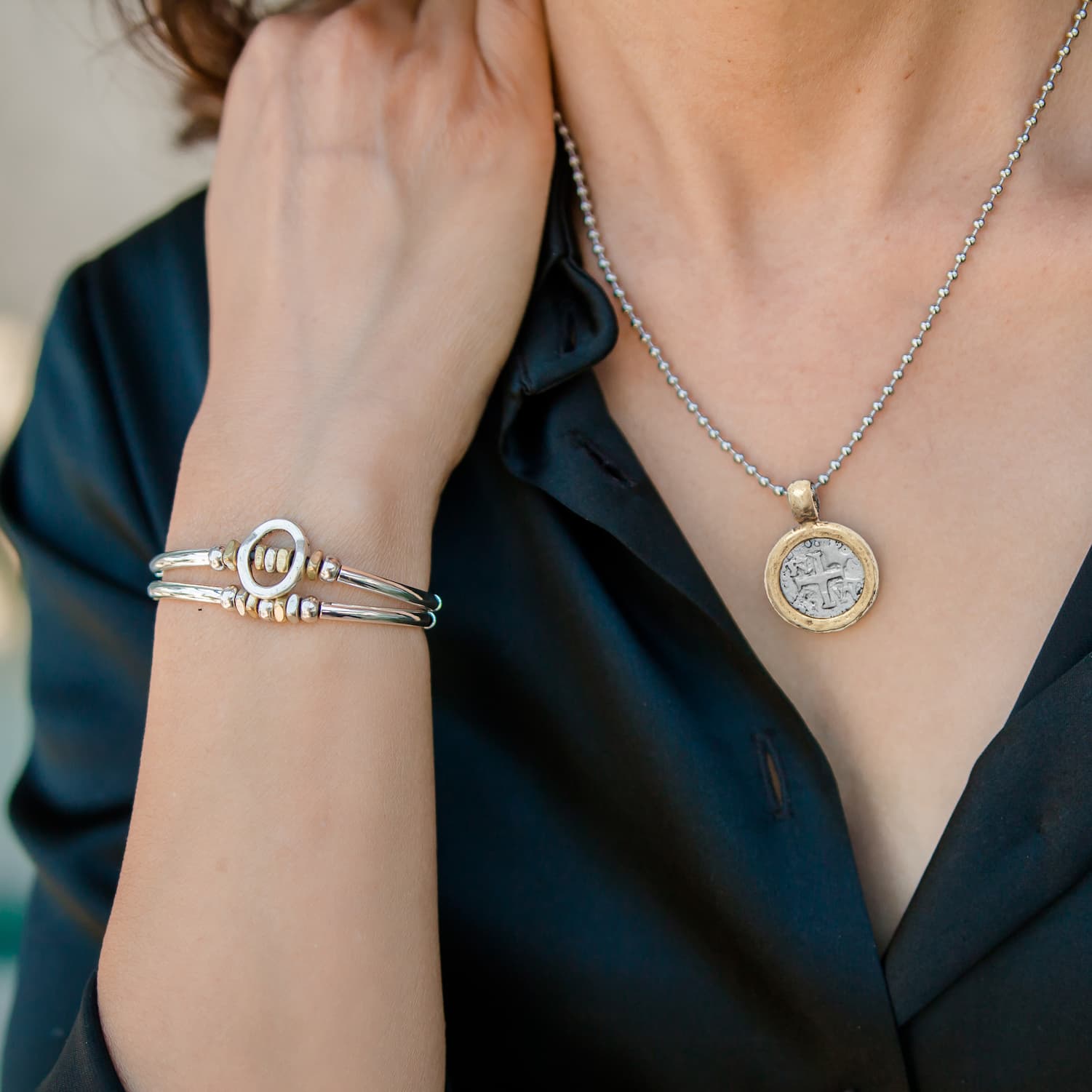 Lizzy James Vintage Coin Cross Necklace & Optimism Adjustable Bracelet