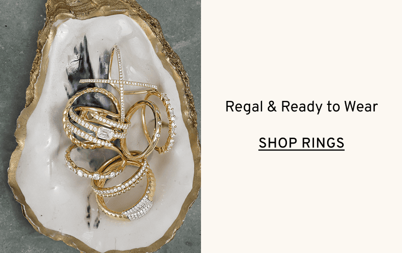 Rings in oyster shell dish. Regal & Ready to Wear. Click to Shop Rings