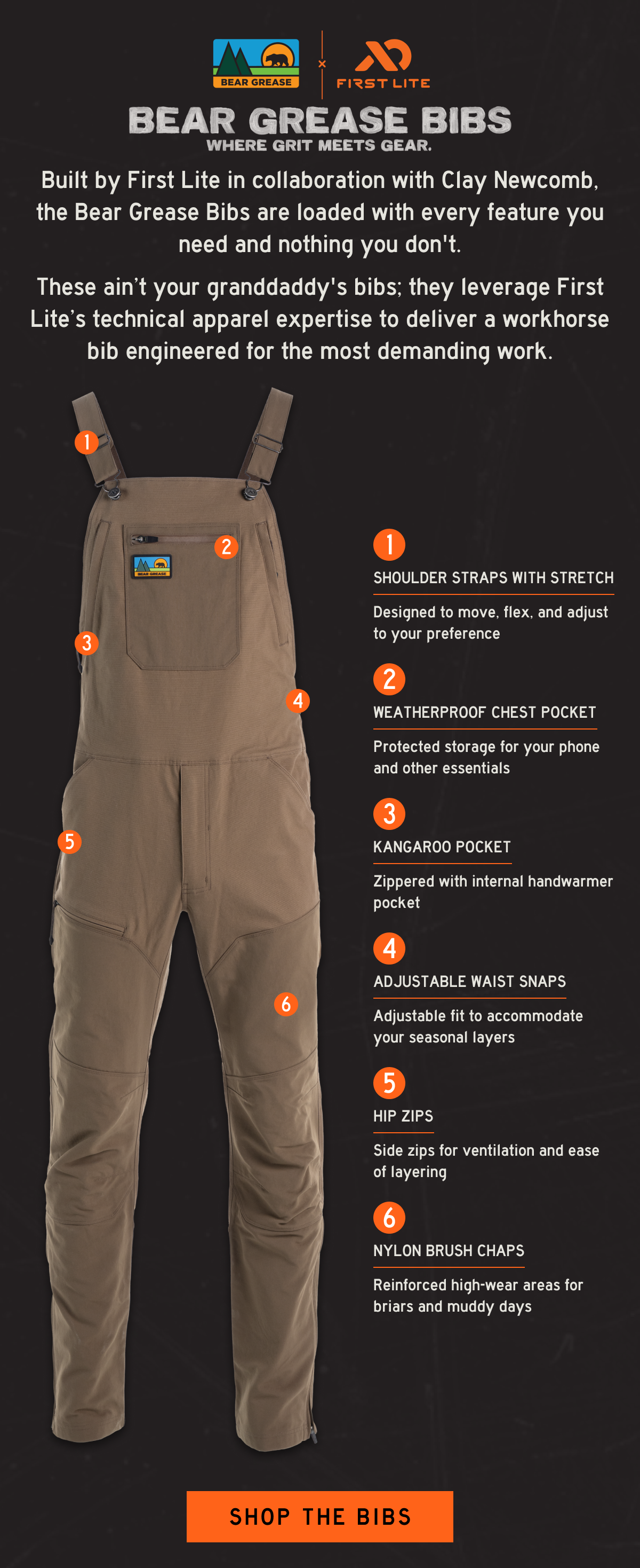 Built by First Lite in collaboration with Clay Newcomb, the Bear Grease Bibs are loaded with every feature you need and nothing you don't.  These ain’t your granddaddy's bibs; they leverage First Lite’s technical apparel expertise to deliver a workhorse bib engineered for the most demanding work.