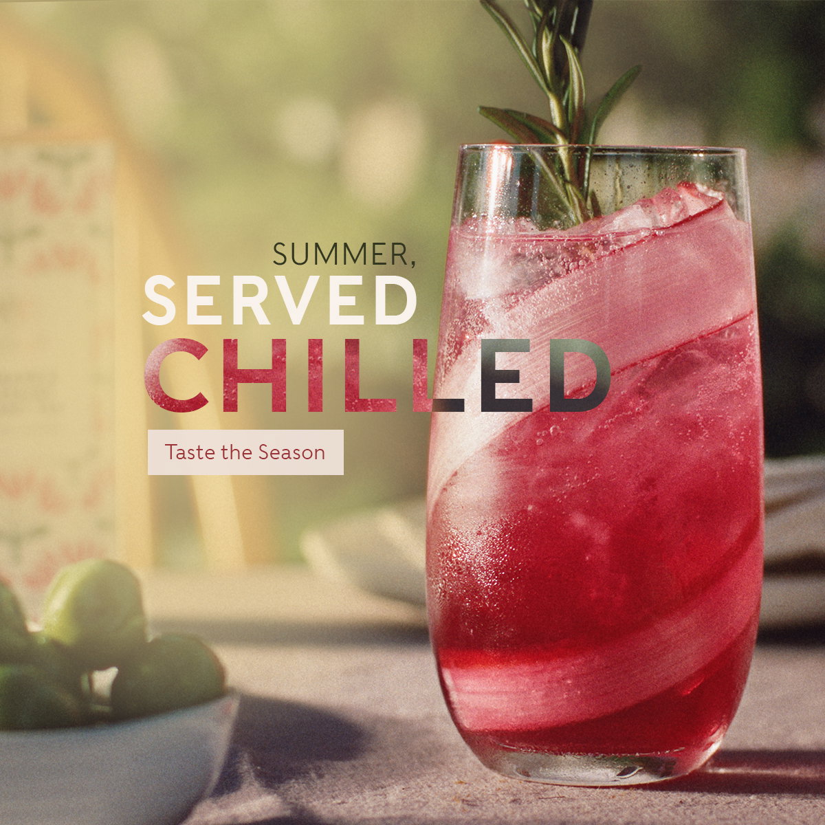 image of rhubarb and rosemary isntant tea made up in glass with 'summer, served chilled' and a taste the season CTA