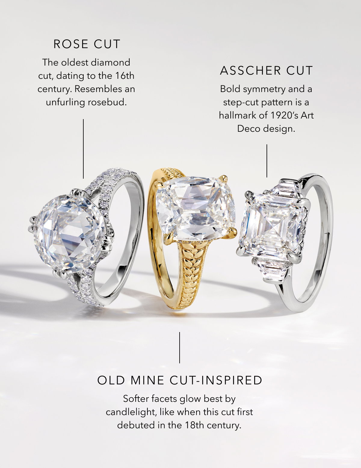 ROSE CUT The oldest diamond cut, dating to the 16th century. Resembles an unfurling rosebud. | ASSCHER CUT Bold symmetry and a step-cut pattern is a hallmark of 1920’s Art Deco design. | Old Mine Cut-Inspired  Softer facets glow best by candlelight, like when this cut first debuted in the 18th century.