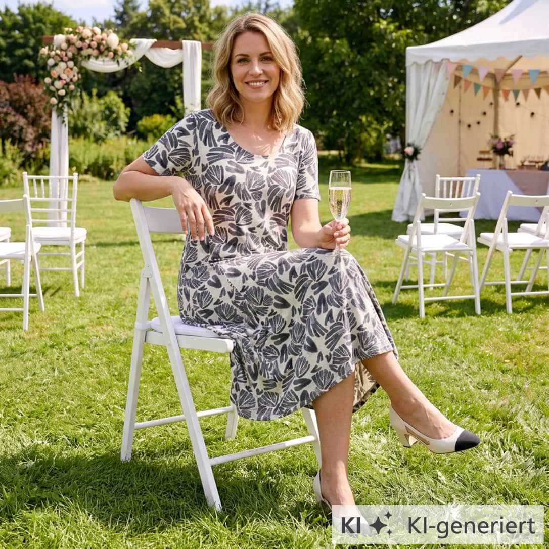 Ein Model mit blonden Haaren sitzt auf einem weißen Stuhl im Garten, trägt ein gemustertes Kleid mit Blättern und hält ein Glas Sekt. Text auf weißem Hintergrund: 'KI KI-generiert'.