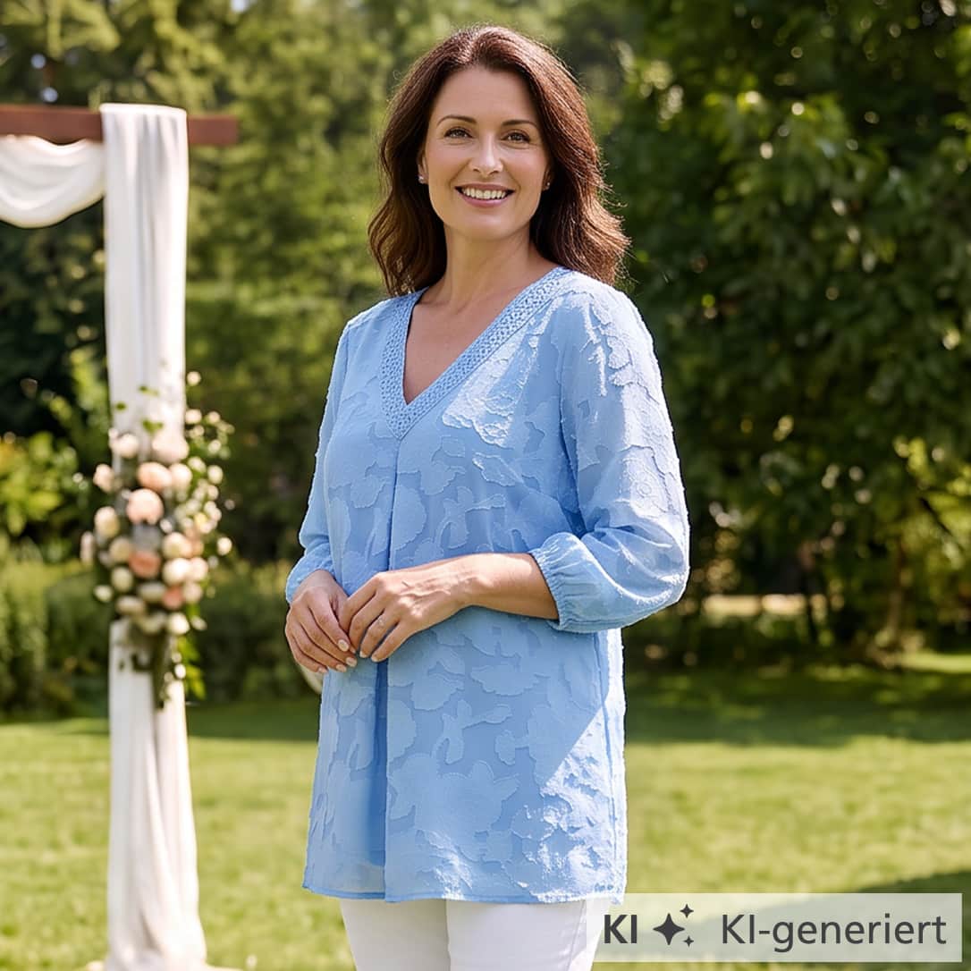 Ein Model mit braunem Haar trägt eine hellblaue Bluse mit floralem Muster, steht im Freien vor einem mit Blumen geschmückten Bogen und lächelt. Text auf weißem Hintergrund: 'KI KI-generiert'.